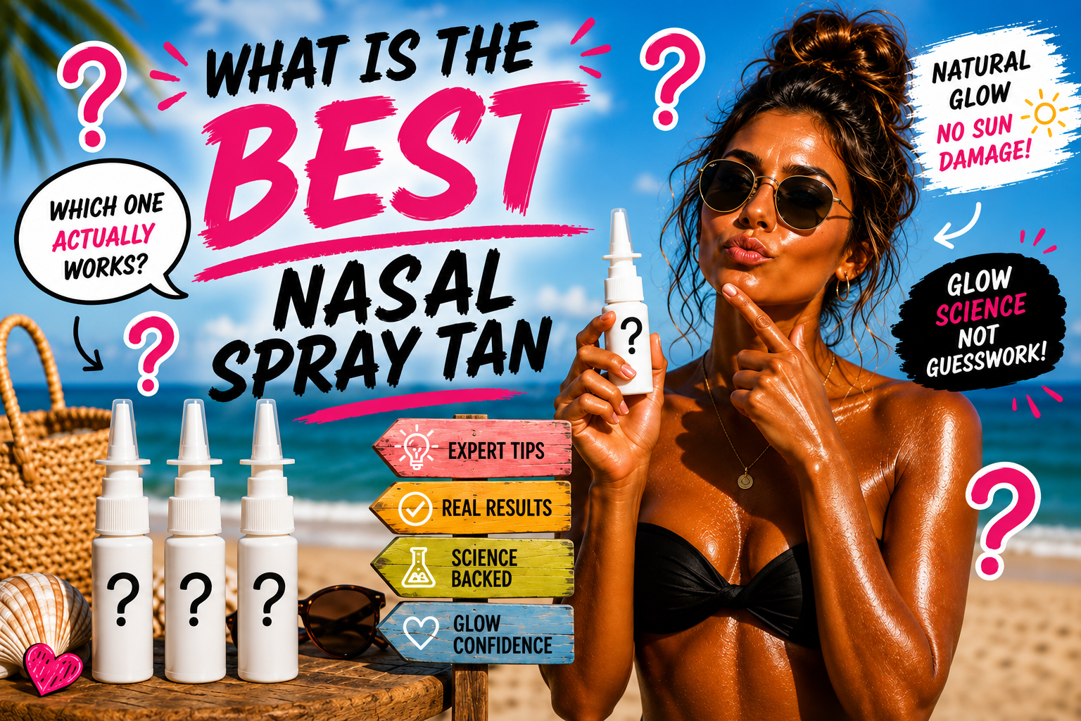 Gold Coast Tanning Ultimate Strength nasal spray with female model smiling.