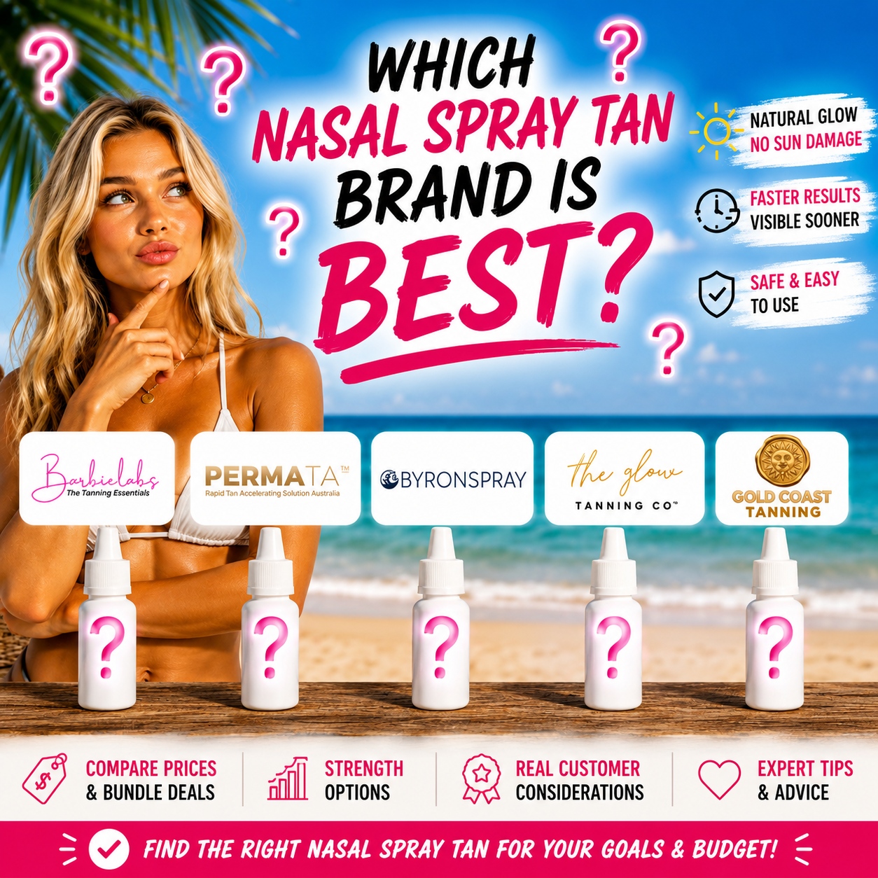 Comparison of popular Australian nasal spray tan brands including Gold Coast Tanning, The Glow Tanning Co, Byron Spray, Permatan and Barbielabs.
