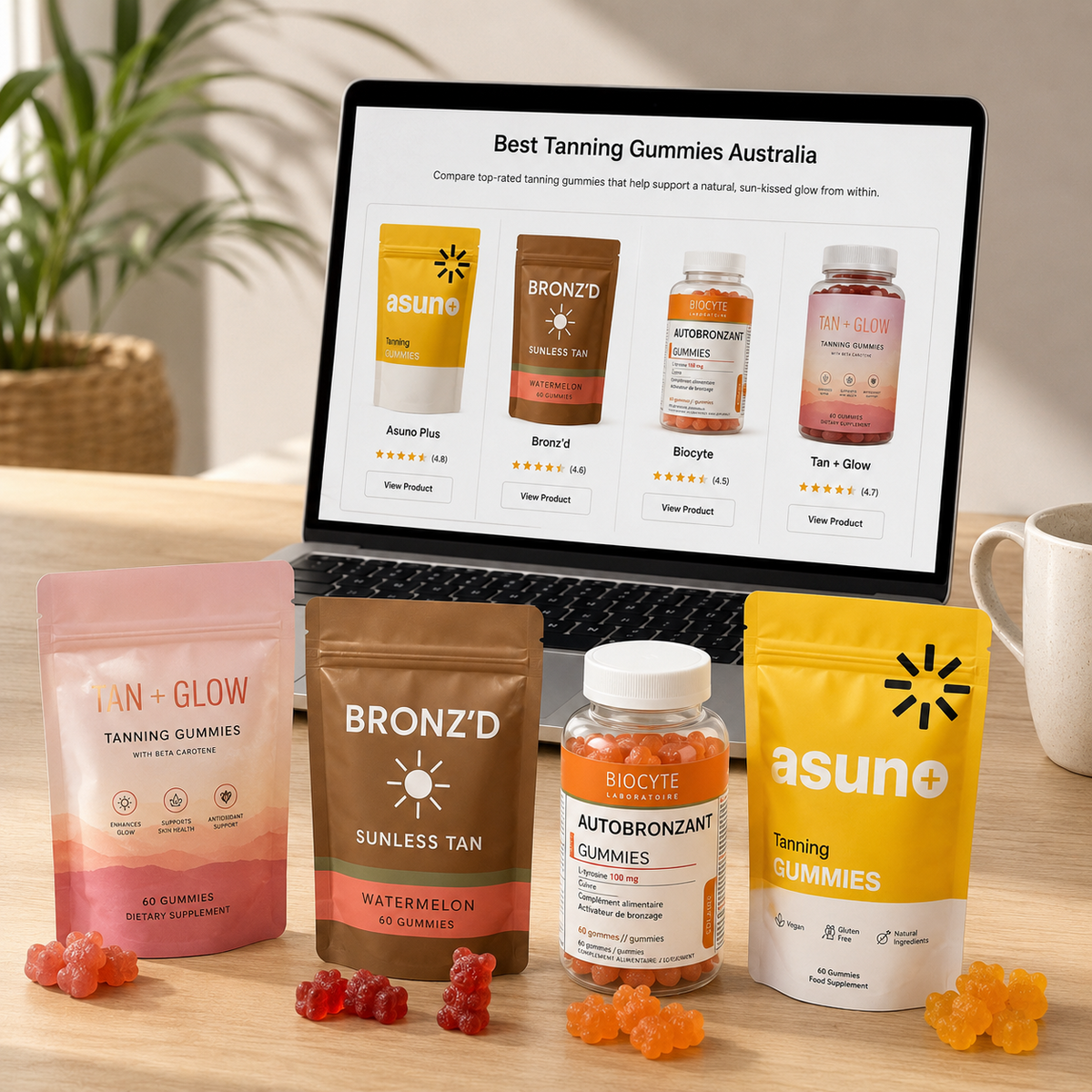 Laptop displaying a comparison of popular tanning gummy brands in Australia with tanning gummy products arranged on a desk.