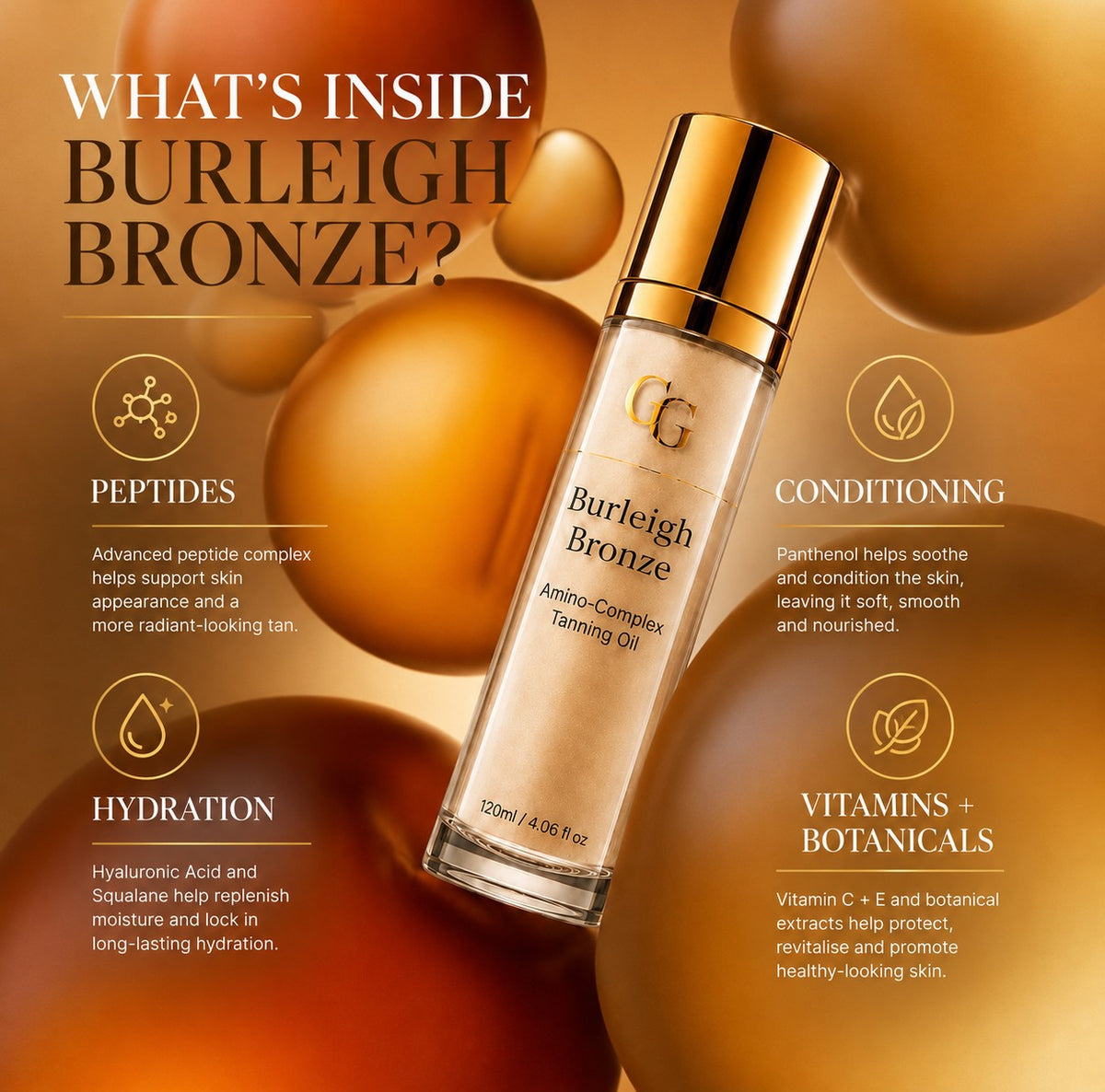 Burleigh Bronze Amino-Complex Tanning Oil showing peptides, hyaluronic acid, squalane, panthenol, vitamins and botanicals.