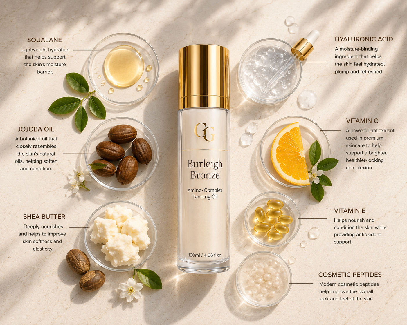 Burleigh Bronze Amino-Complex Tanning Oil surrounded by premium skincare ingredients including squalane, hyaluronic acid, jojoba oil, shea butter and vitamins.