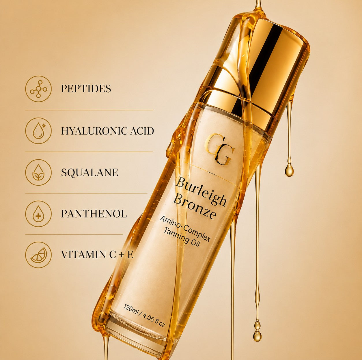 Burleigh Bronze peptide tanning oil with peptides, hyaluronic acid, squalane, panthenol and vitamins C and E