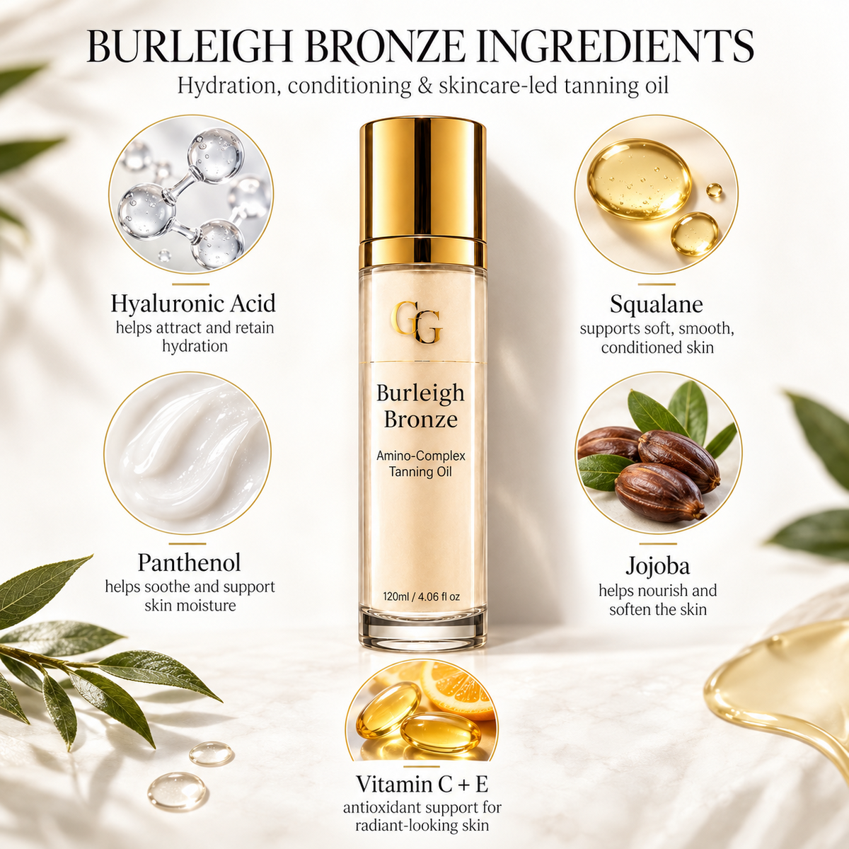  Burleigh Bronze peptide tanning oil with hyaluronic acid squalane and three cosmetic peptides
