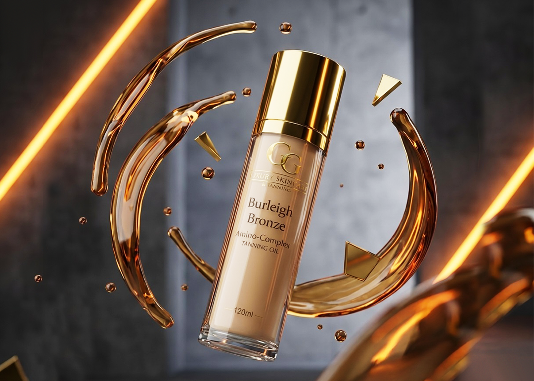 Goldy Glow Burleigh Bronze Peptide Tanning Oil in a luxury skincare bottle.