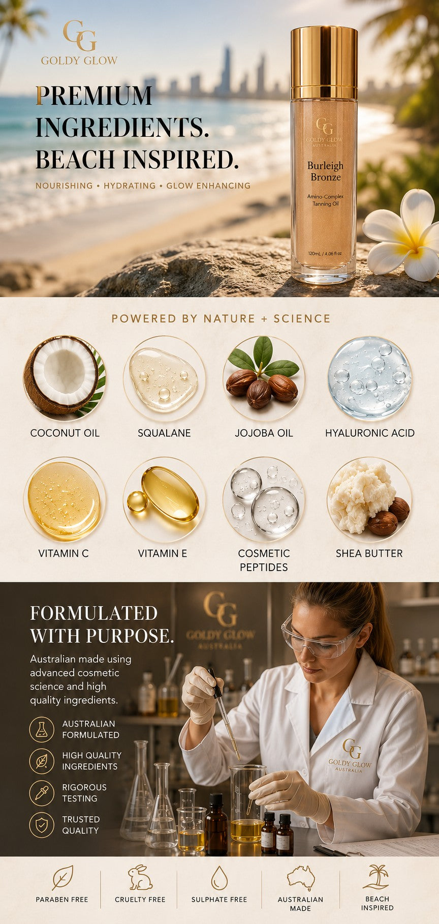 Burleigh Bronze peptide tanning oil ingredients including squalane, jojoba oil, hyaluronic acid, vitamins C and E, peptides and shea butter