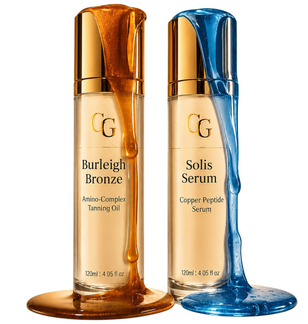 Burleigh Bronze peptide tanning oil and Solis Serum copper peptide serum by Goldy Glow