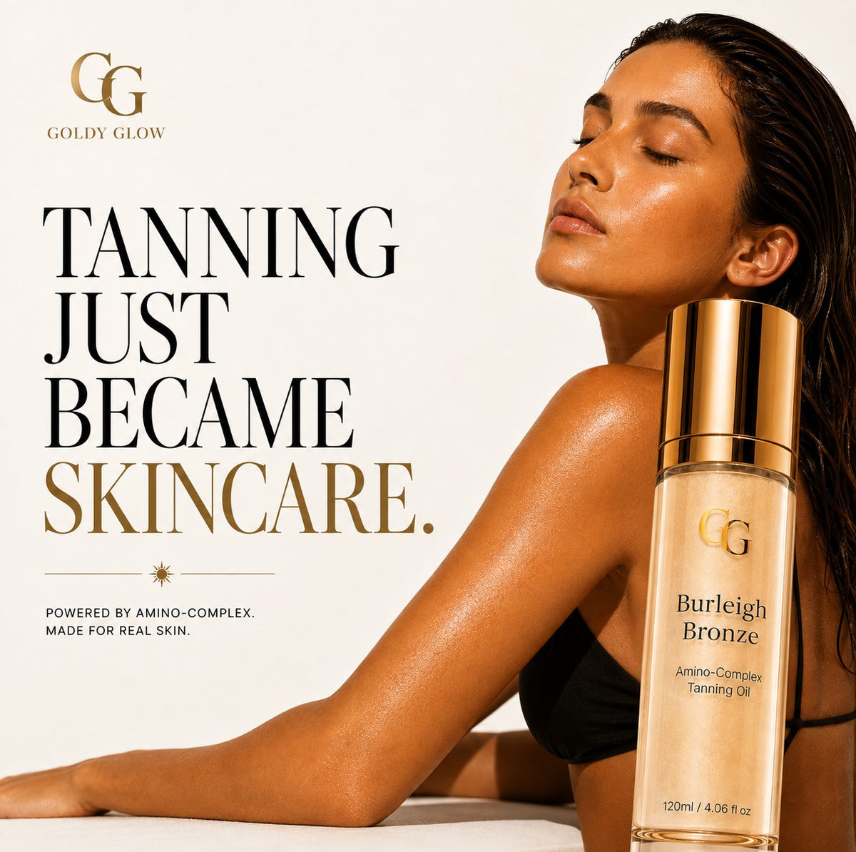 Goldy Glow Burleigh Bronze Amino-Complex Tanning Oil with model showcasing radiant, sun-kissed skin.