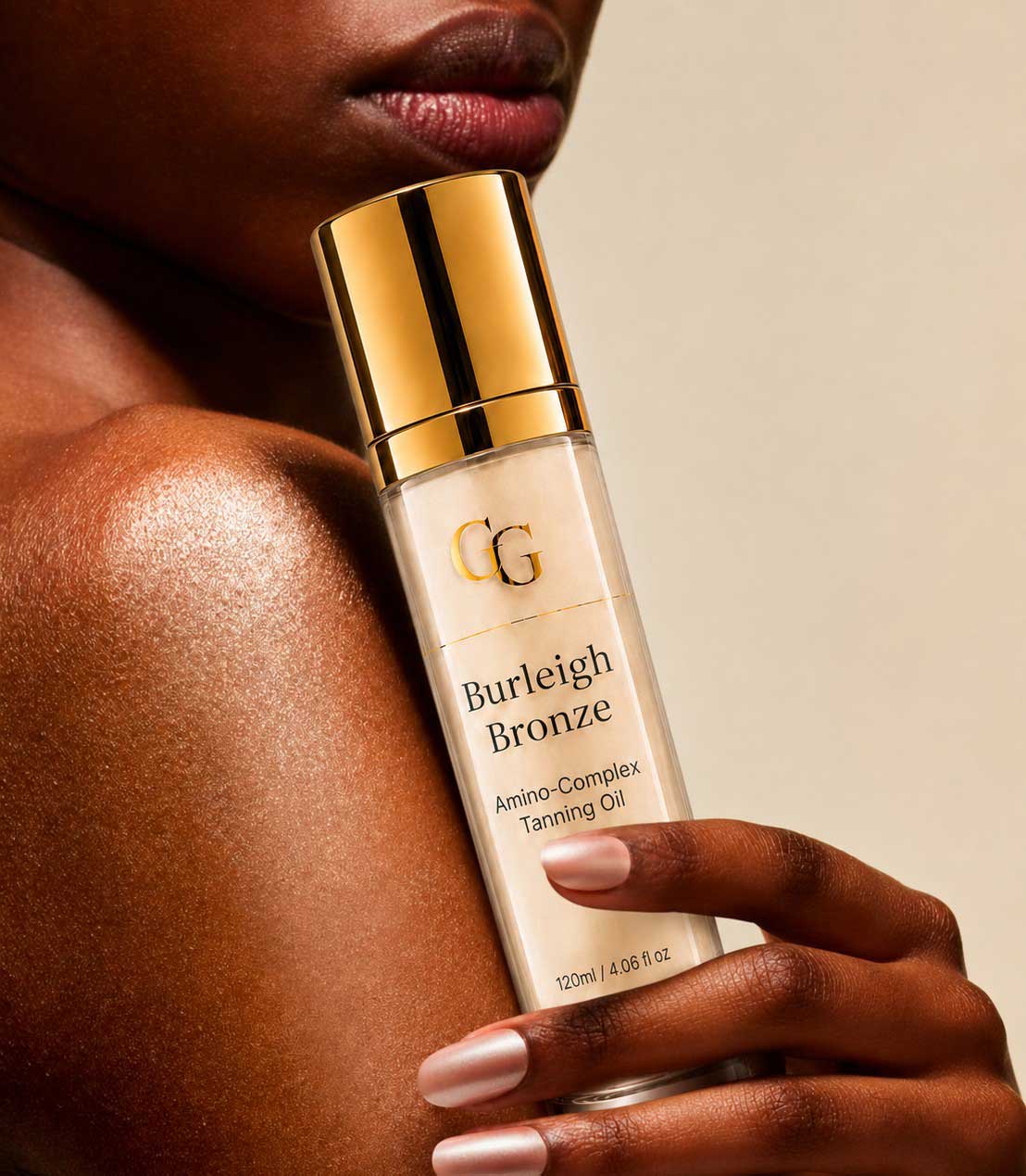 Burleigh Bronze peptide tanning oil and bronzed skin