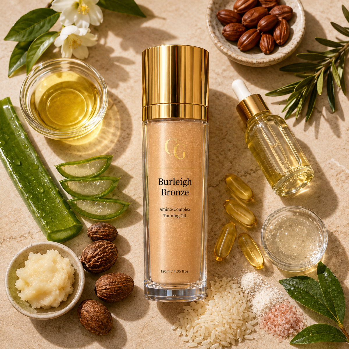 Burleigh Bronze tanning oil displayed with its featured skincare ingredients.