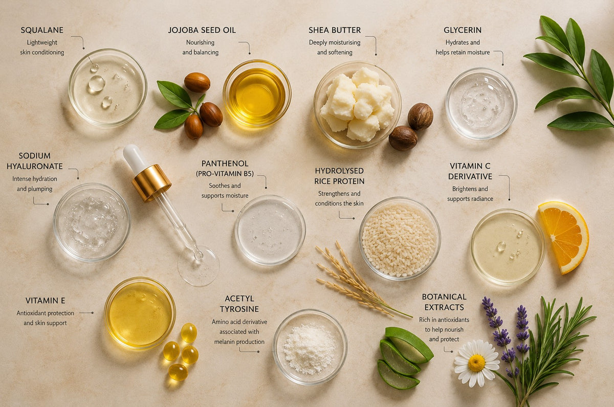 Burleigh Bronze tanning oil ingredients including squalane, jojoba oil, shea butter, hyaluronic acid, panthenol, vitamins C and E and acetyl tyrosine