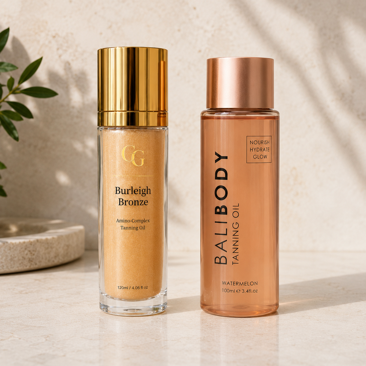 Burleigh Bronze and Bali Body tanning oils displayed side by side for an editorial comparison.