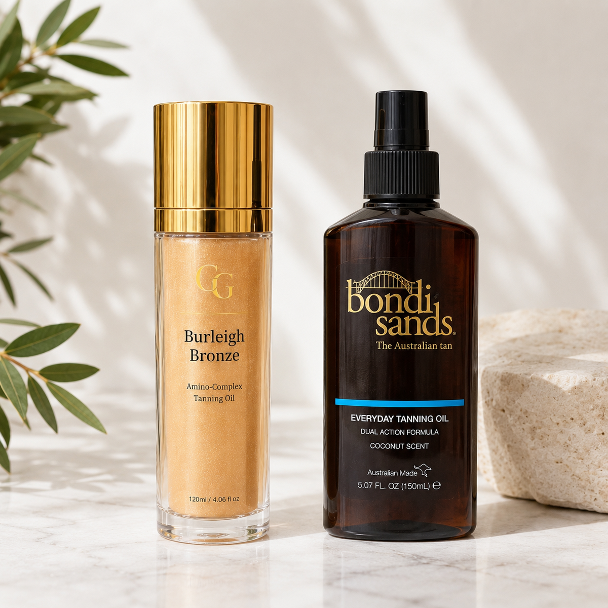 Burleigh Bronze and Bondi Sands tanning products displayed side by side.