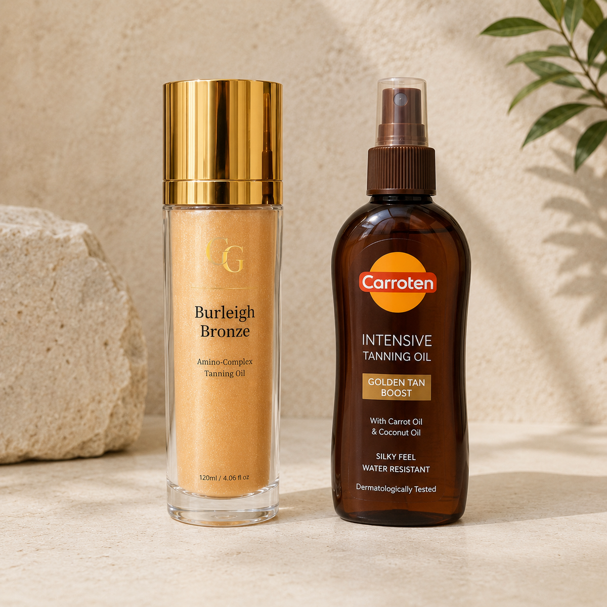 Burleigh Bronze and Carroten tanning oils displayed side by side for an editorial comparison.