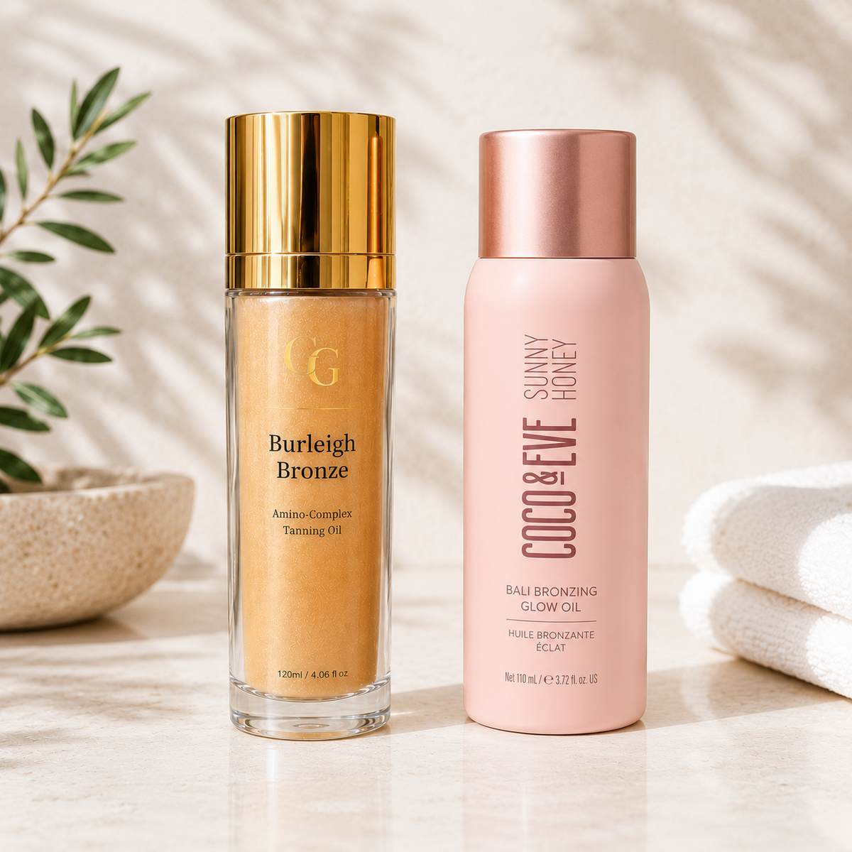 Burleigh Bronze and Coco & Eve tanning products displayed side by side for an editorial comparison.