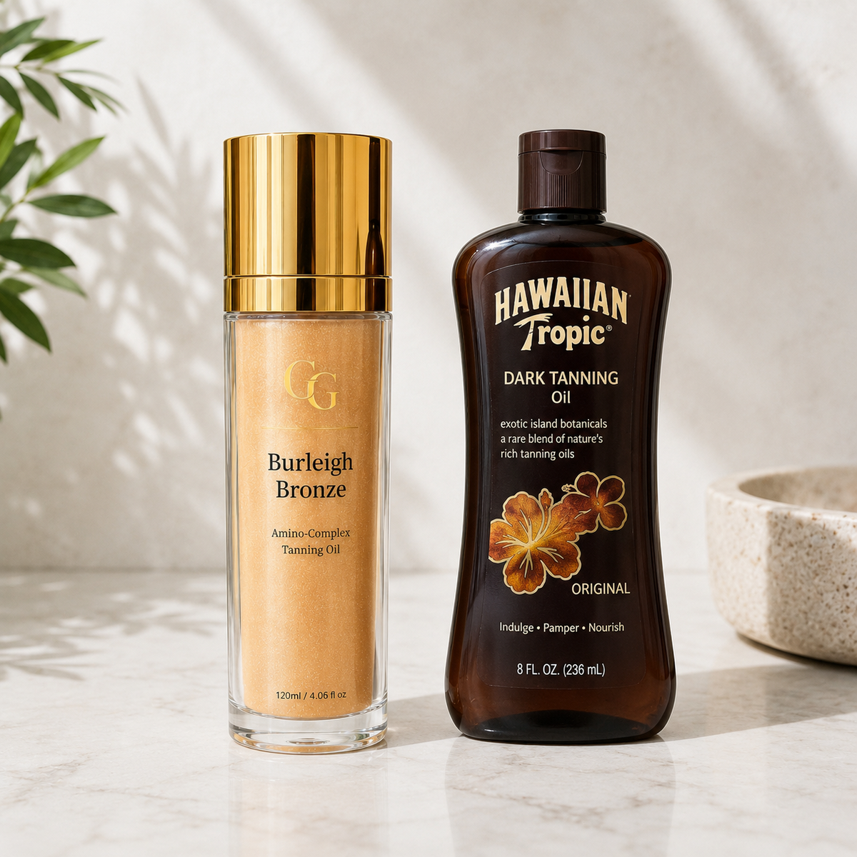 Burleigh Bronze and Hawaiian Tropic tanning oils displayed side by side for an editorial comparison.