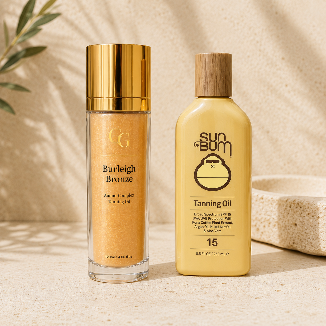 Burleigh Bronze and Sun Bum tanning oils displayed side by side for an editorial comparison.