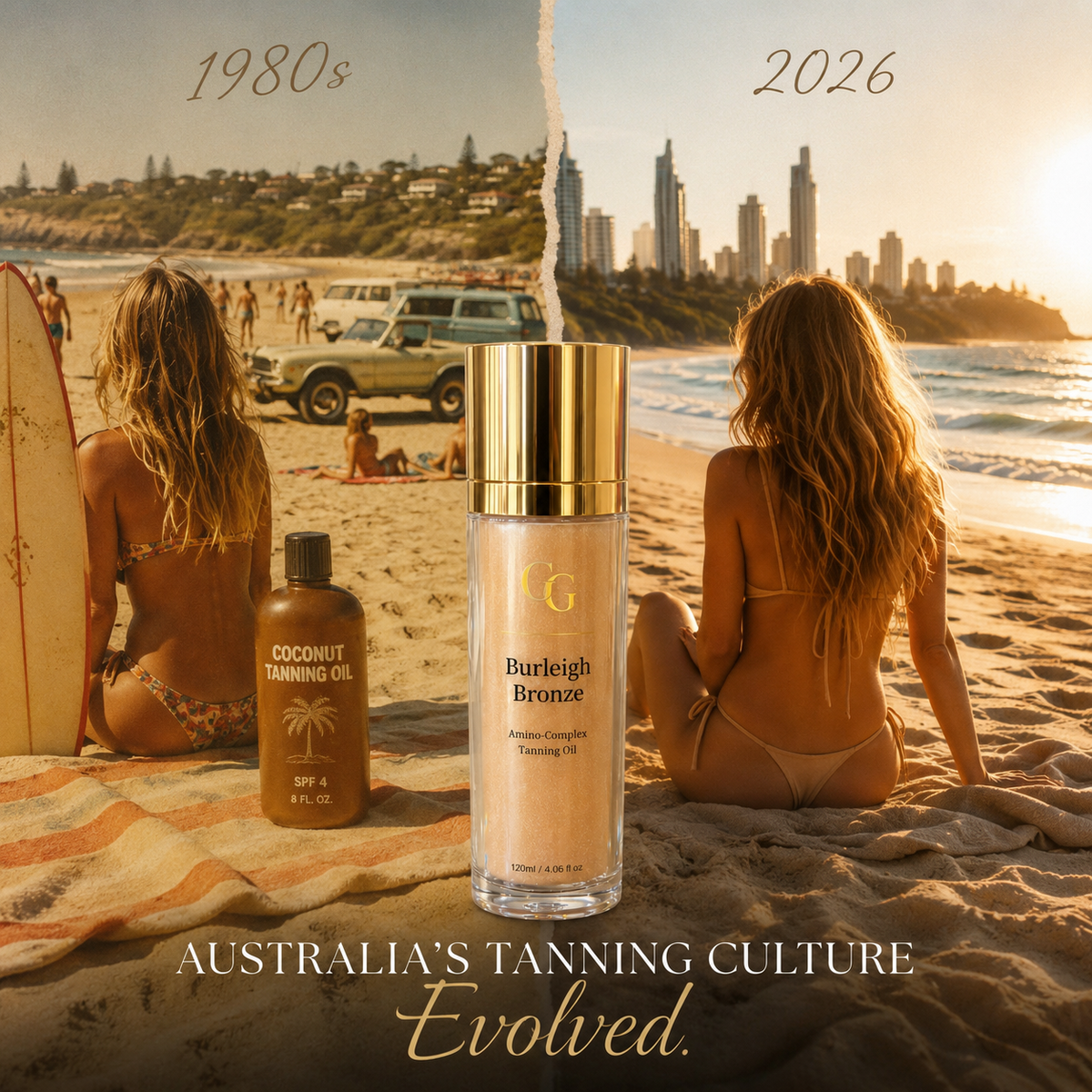 Evolution of Australian tanning oils from coconut oil to Burleigh Bronze.