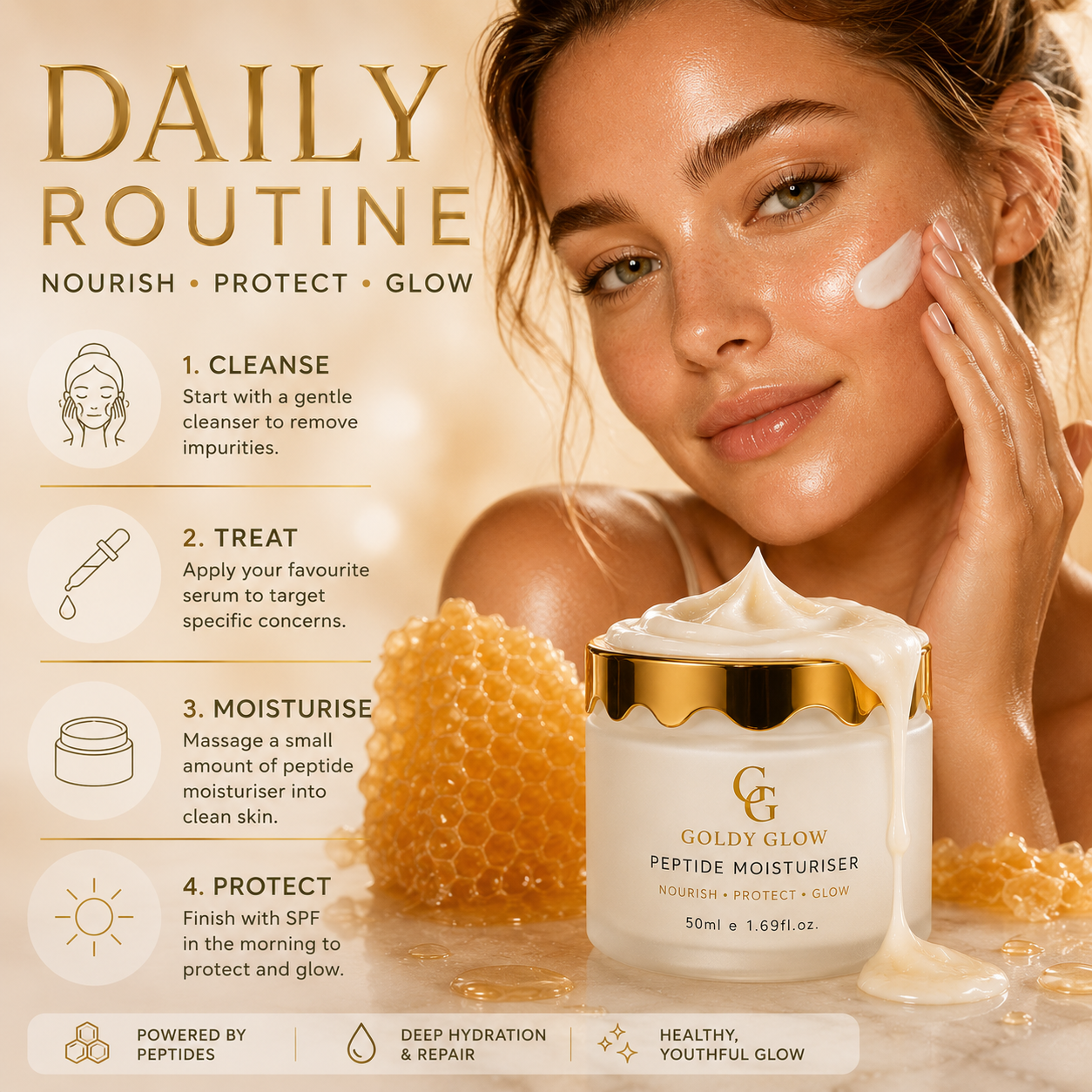 Goldy Glow peptide moisturiser used consistently as part of a daily skincare routine.
