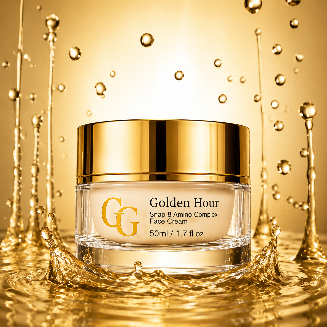 Goldy Glow Golden Hour SNAP-8 Face Cream displayed on a luxurious gold water background, highlighting premium Australian peptide skincare.