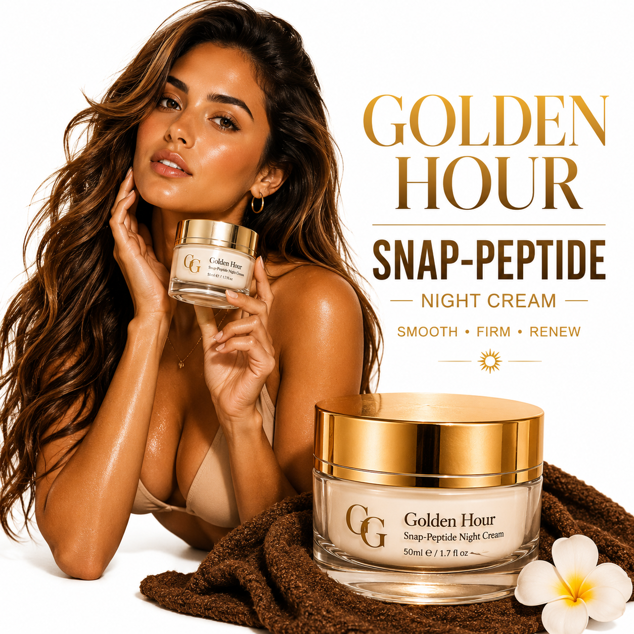 Goldy Glow Golden Hour SNAP-8 Peptide Moisturiser featuring Acetyl Octapeptide-3 (SNAP-8), copper peptides and premium hydrating ingredients for smoother, firmer and healthier-looking skin.