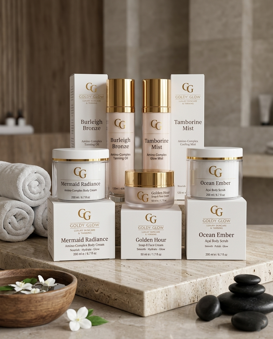 Goldy Glow 5-Step Skincare Routine featuring Ocean Ember Acai Body Scrub, Burleigh Bronze Tanning Oil, Solis Copper Peptide Serum, Mermaid Radiance Body Cream and Golden Hour SNAP-8 Face Cream.