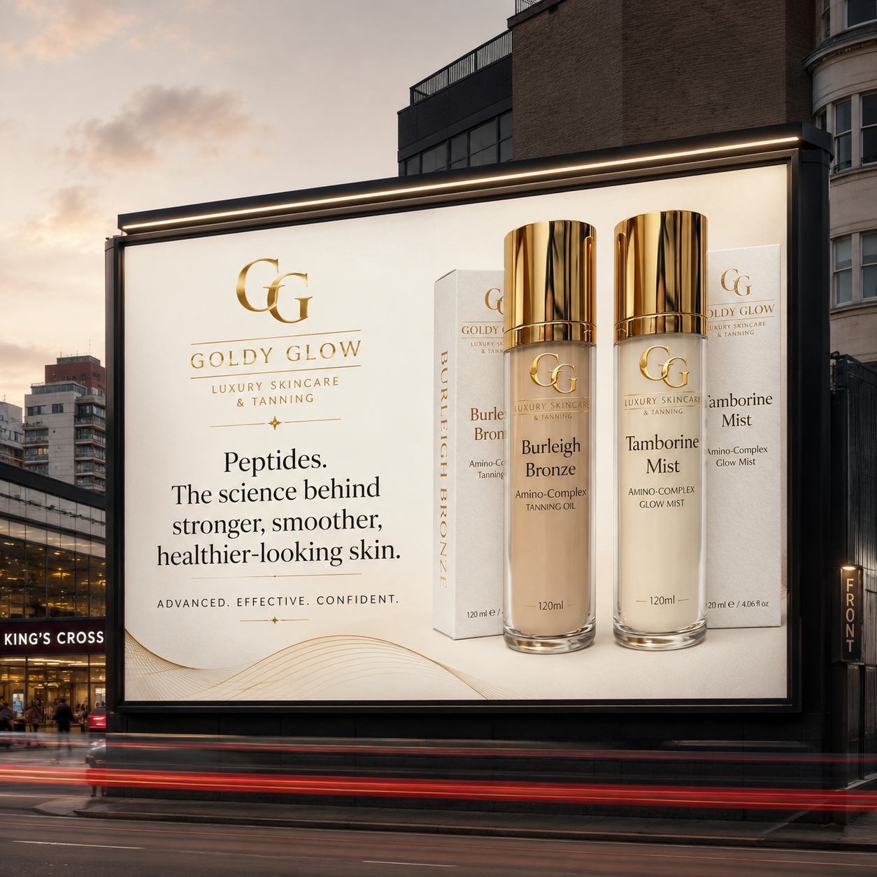 Goldy Glow peptide skincare campaign billboard at King's Cross featuring Burleigh Bronze Peptide Tanning Oil and Tamborine Mist.