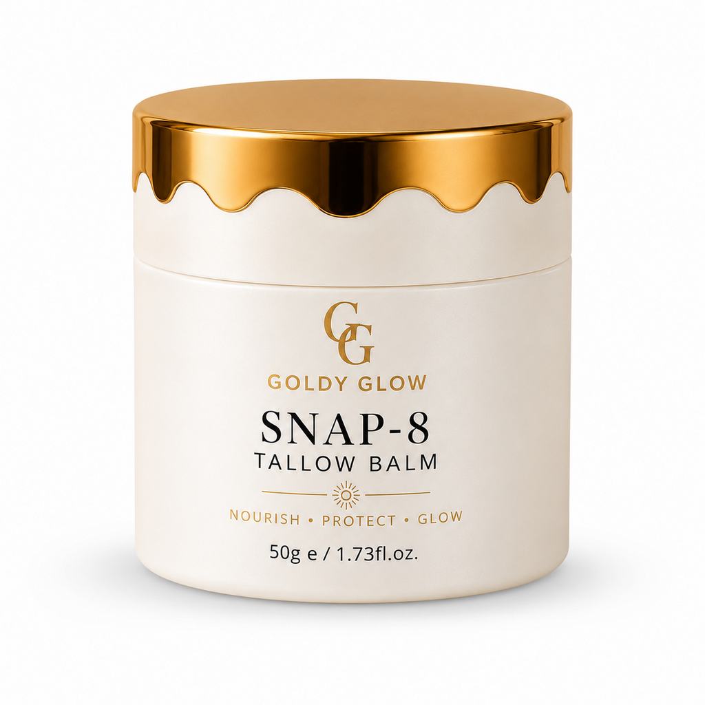 Goldy Glow SNAP-8 Tallow Balm 50g – Australian-made grass-fed beef tallow moisturiser with SNAP-8 peptide, Raw Manuka Honey and botanical oils.