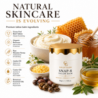 Key ingredients in Goldy Glow SNAP-8 Tallow Balm including grass-fed beef tallow, SNAP-8 peptide, Raw Manuka Honey, organic beeswax and botanical oils.