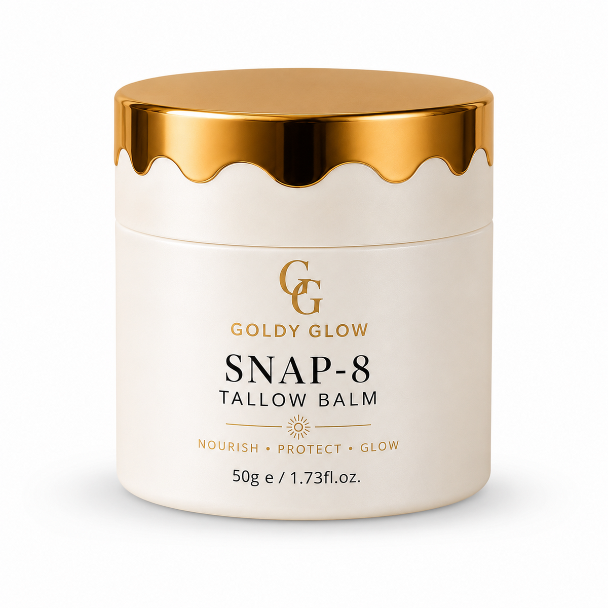 Goldy Glow SNAP-8 Tallow Balm with grass-fed beef tallow, Raw Manuka Honey, organic beeswax, jojoba oil, castor oil and botanical oils.