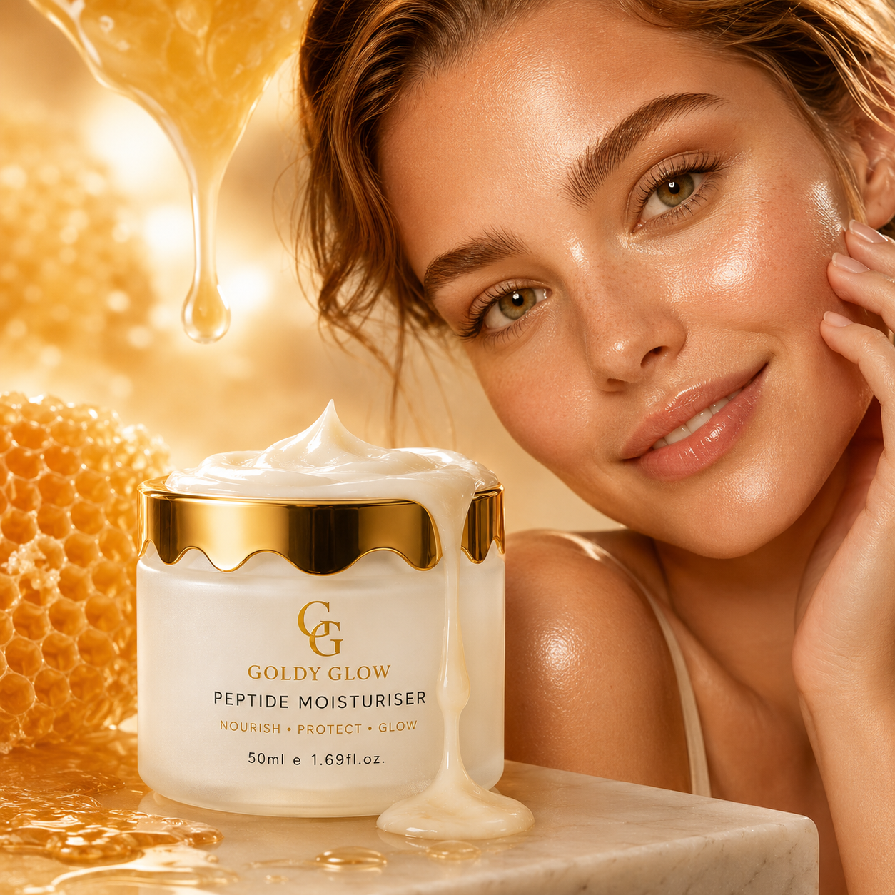 Healthy glowing skin after following a consistent peptide skincare routine.