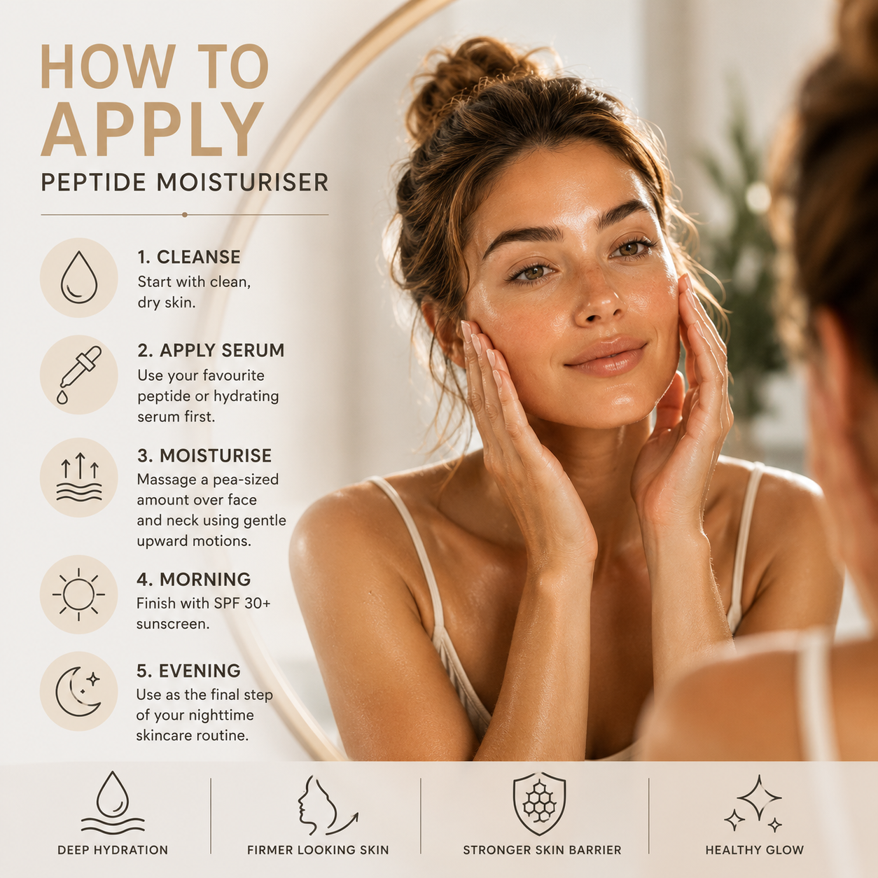 Applying peptide moisturiser after cleansing as part of a morning skincare routine.