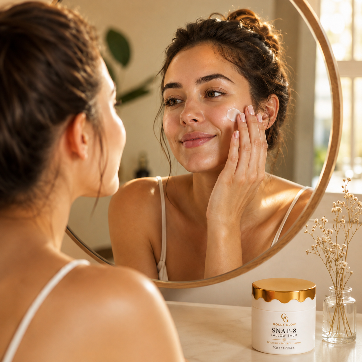Woman applying Goldy Glow SNAP-8 Tallow Balm in front of a mirror with the tallow balm jar on a bathroom vanity as part of a daily skincare routine.