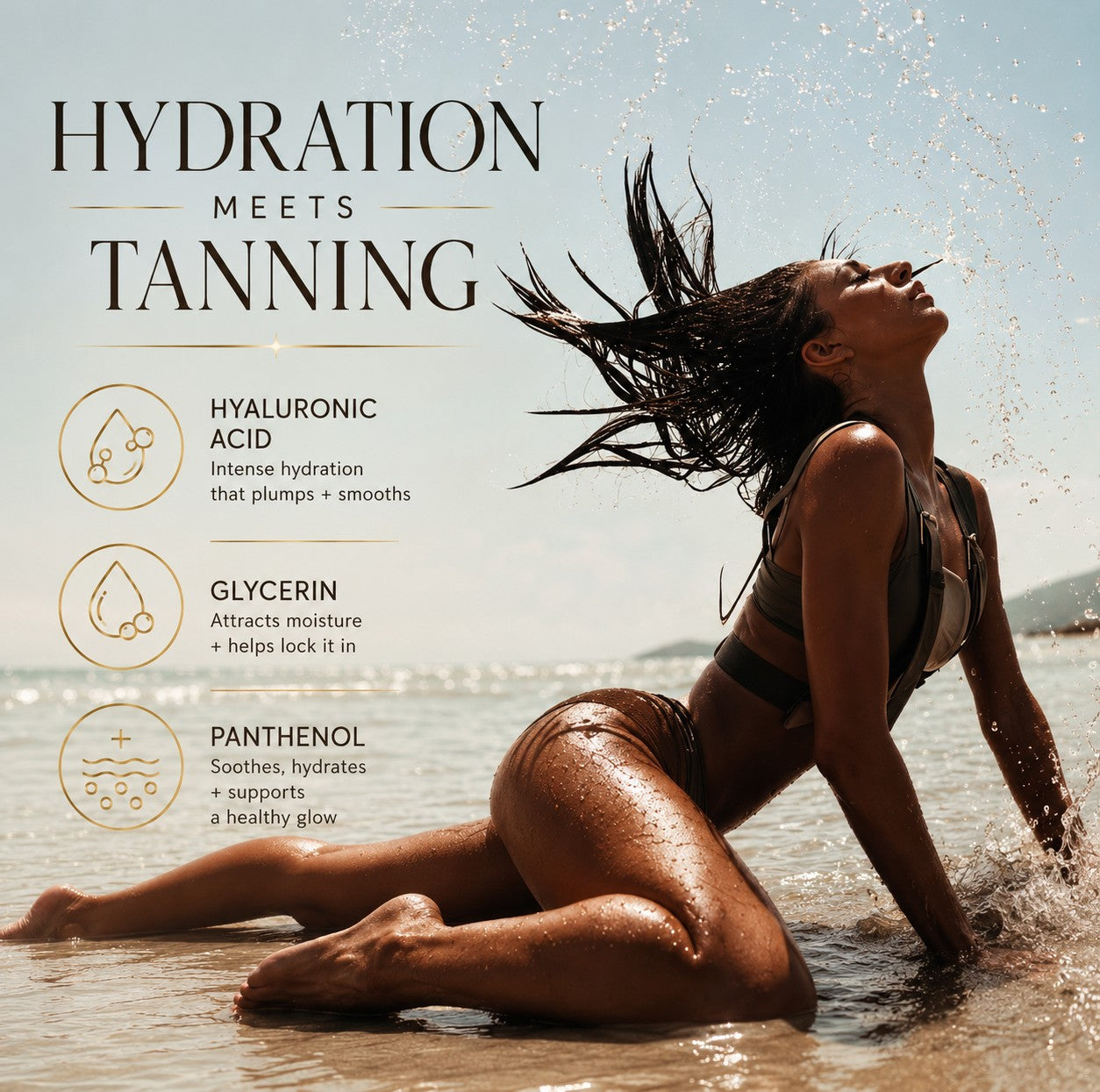 Hyaluronic acid glycerin and panthenol with model on beach
