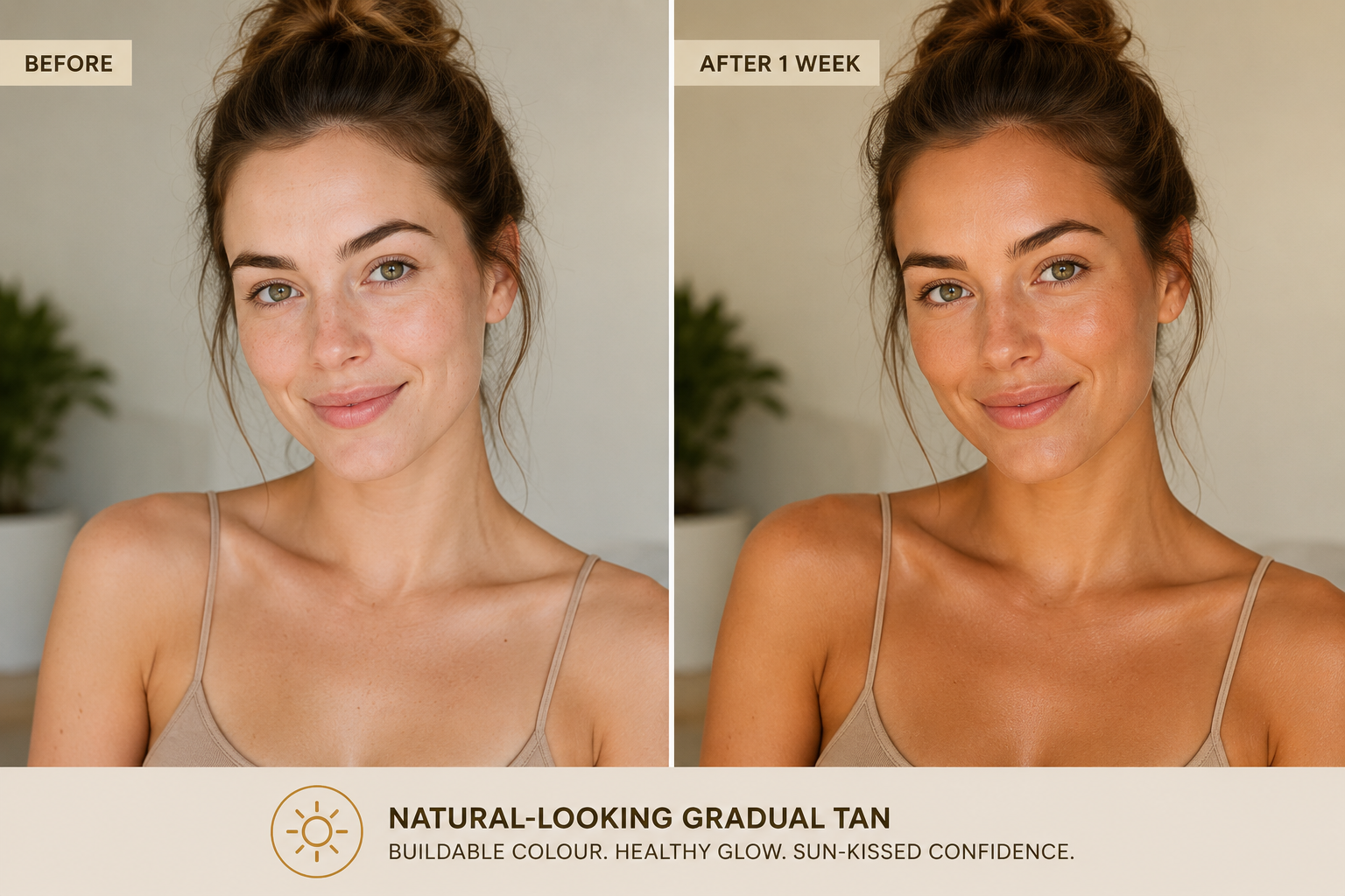 Natural-looking gradual tan result showing an even bronzed glow