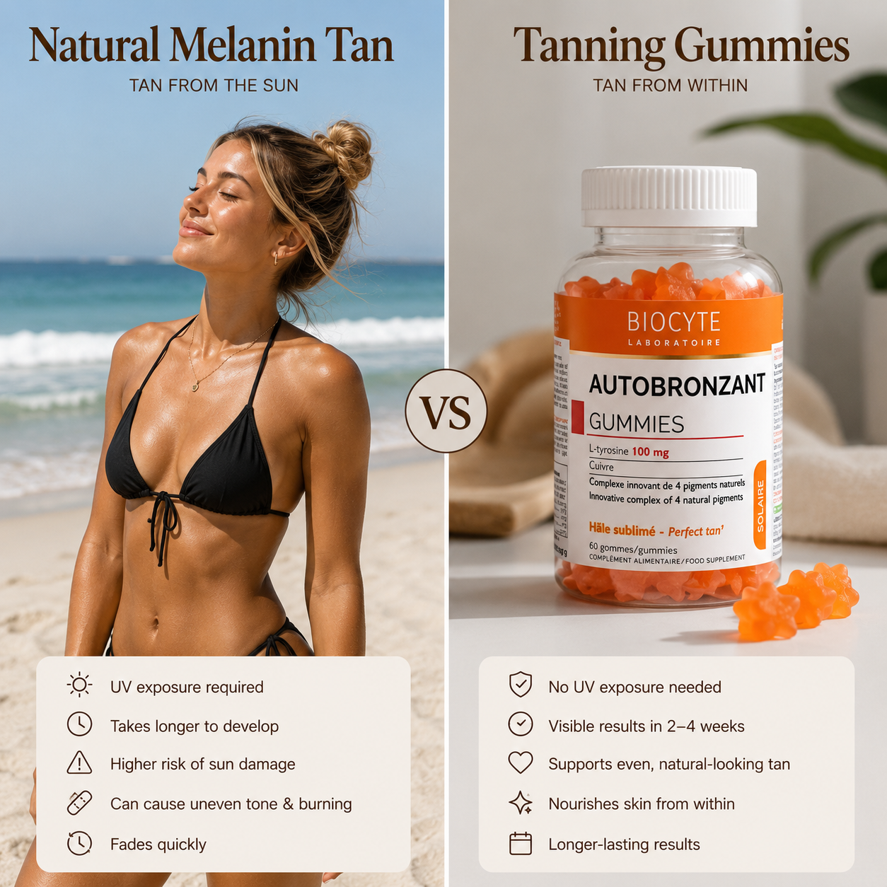 Split-screen comparison showing a natural melanin tan developed through sun exposure versus tanning gummies marketed as an internal tanning supplement.