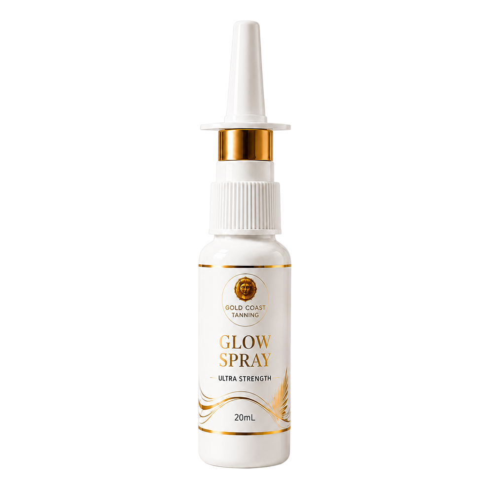 A 20mL white and gold spray bottle of Gold Coast Lanning Glow Spray Ultra Strength.