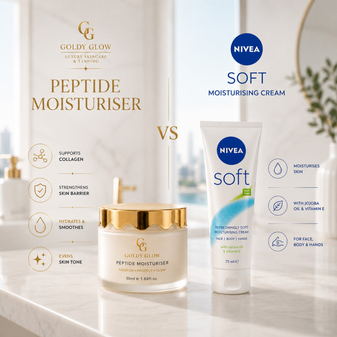 Comparison between a traditional moisturiser and a peptide moisturiser highlighting hydration and anti-ageing skincare benefits.