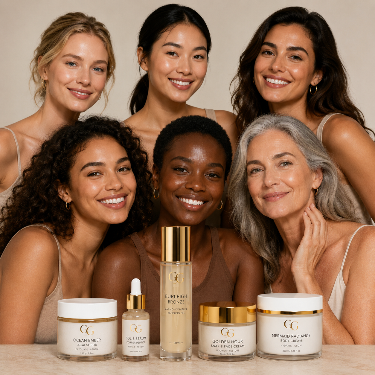 Diverse group of people with different skin tones and skin types representing inclusive peptide skincare suitable for a wide range of complexions.
