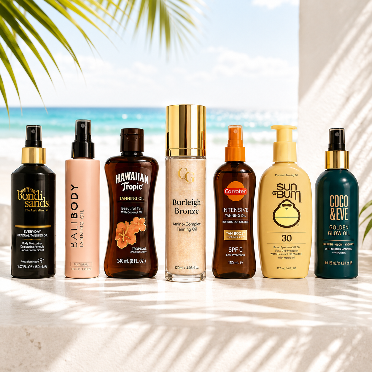Popular tanning oil brands in Australia displayed beside Burleigh Bronze.