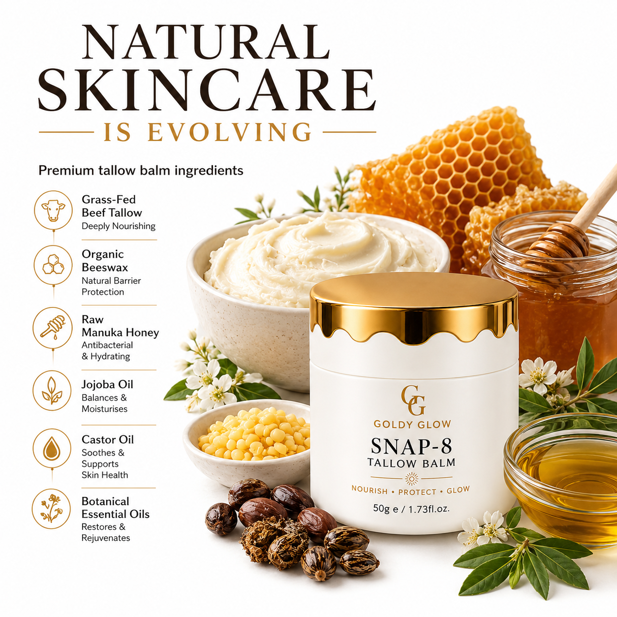 Premium tallow balm ingredients including grass-fed beef tallow, organic beeswax, Raw Manuka Honey, jojoba oil, castor oil and botanical essential oils.