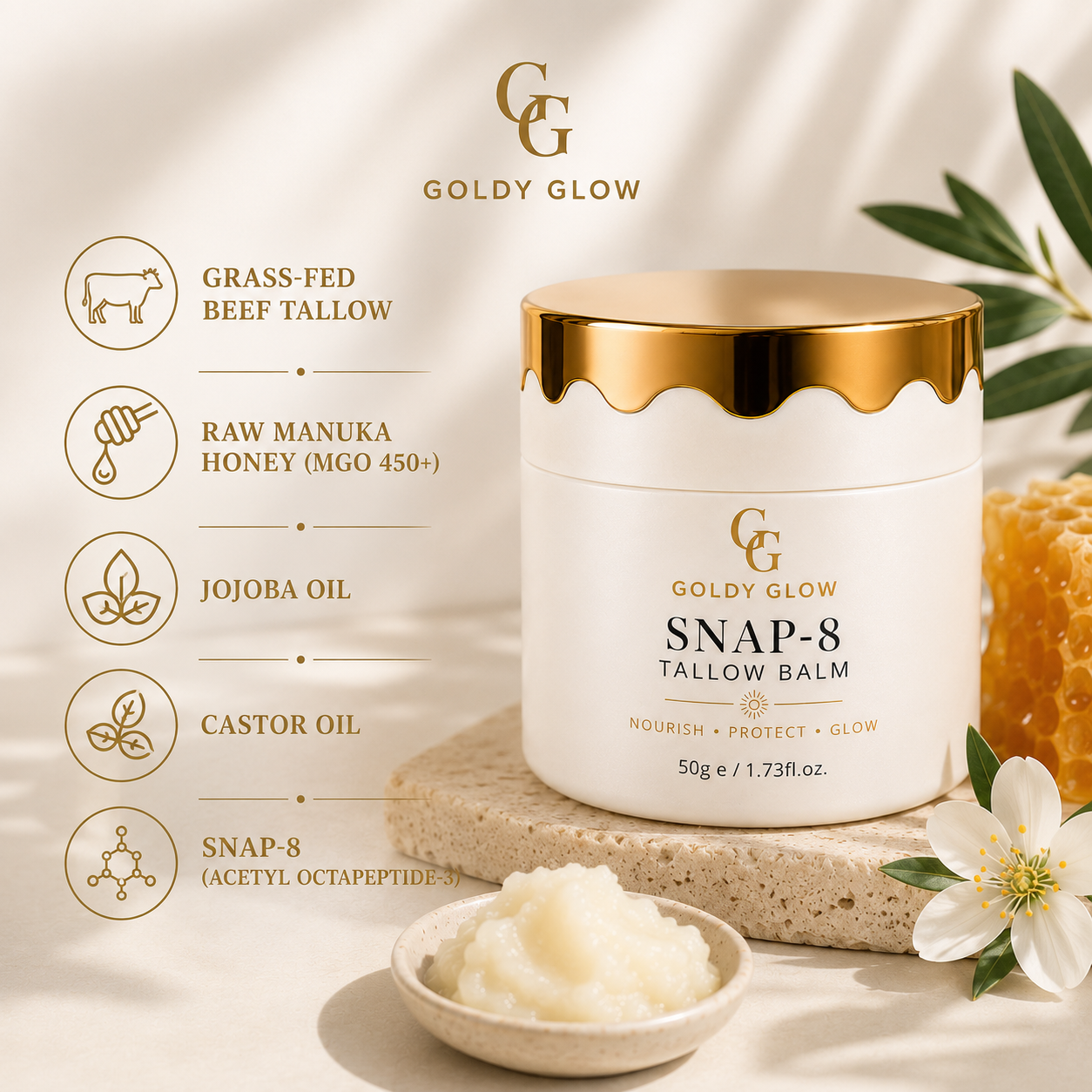 Premium ingredients including grass-fed tallow, Raw Manuka Honey, organic beeswax and botanical oils used in tallow moisturiser.