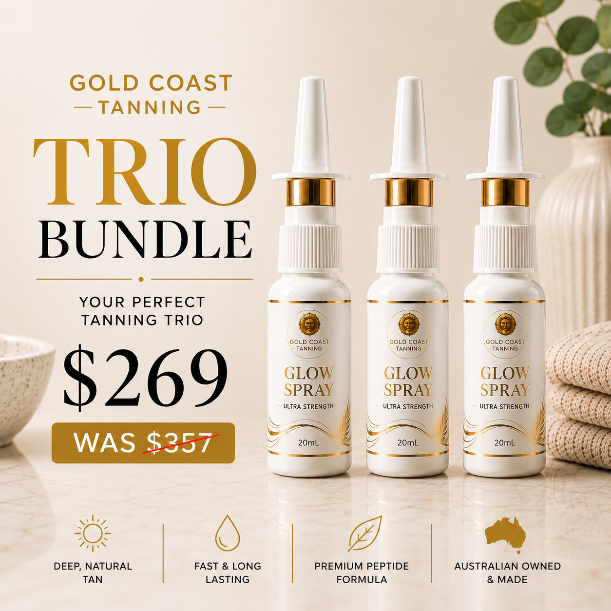 Gold Coast Tanning Trio – 3 × 20mL Ultimate Strength Glow Tanning Nasal Sprays