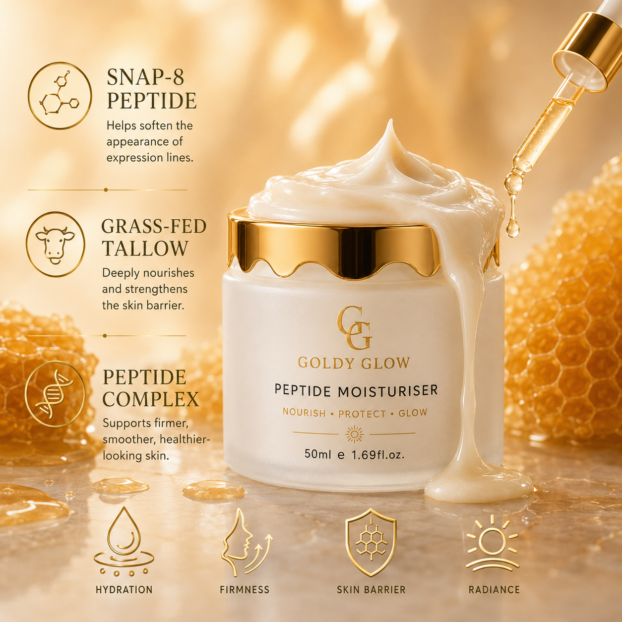 Goldy Glow SNAP-8 peptide moisturiser featuring Acetyl Octapeptide-3 for advanced anti-ageing skincare.