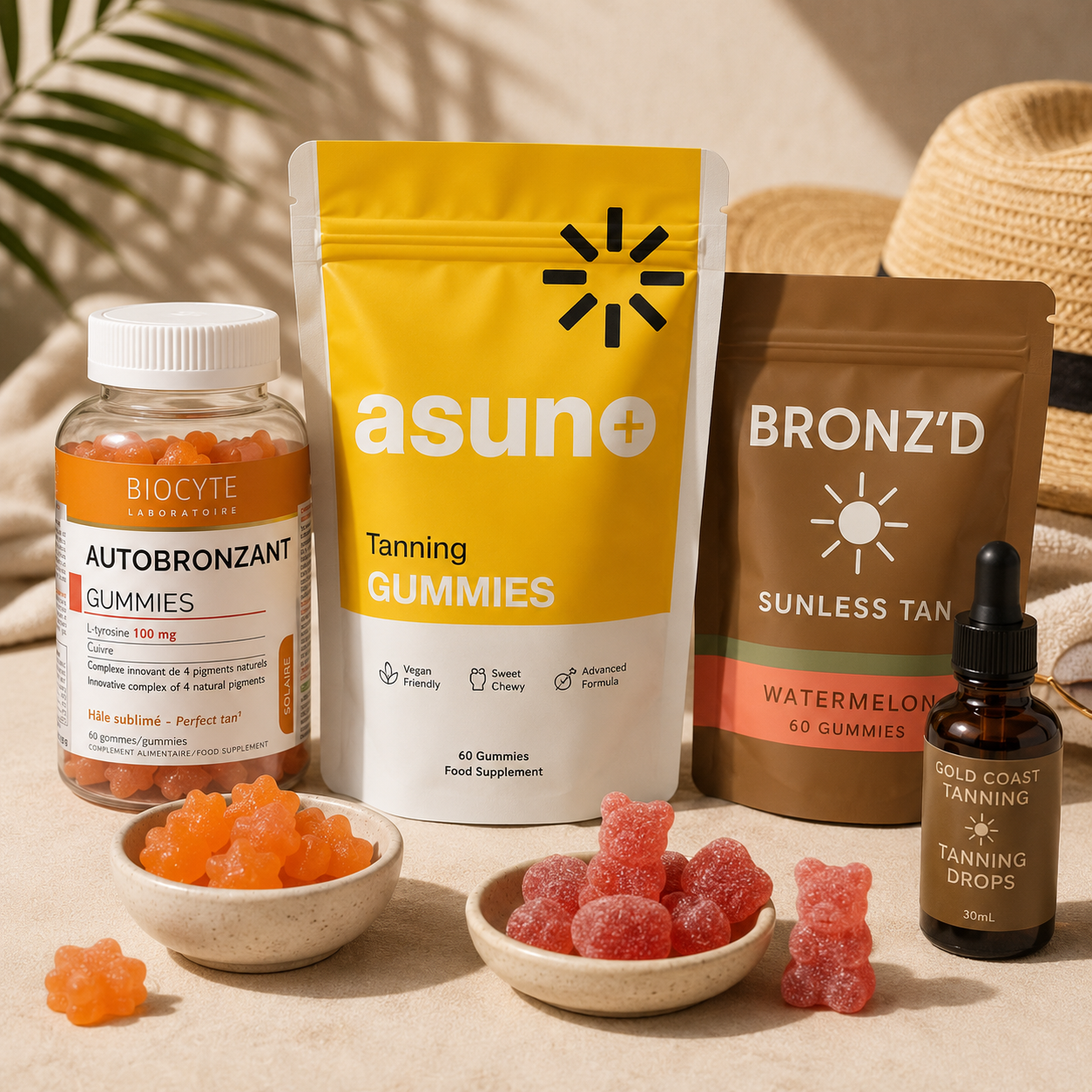 Popular tanning gummies, beauty supplements and tanning drops available in Australia including Asuno, BRONZ'D and oral tanning products compared in 2026.
