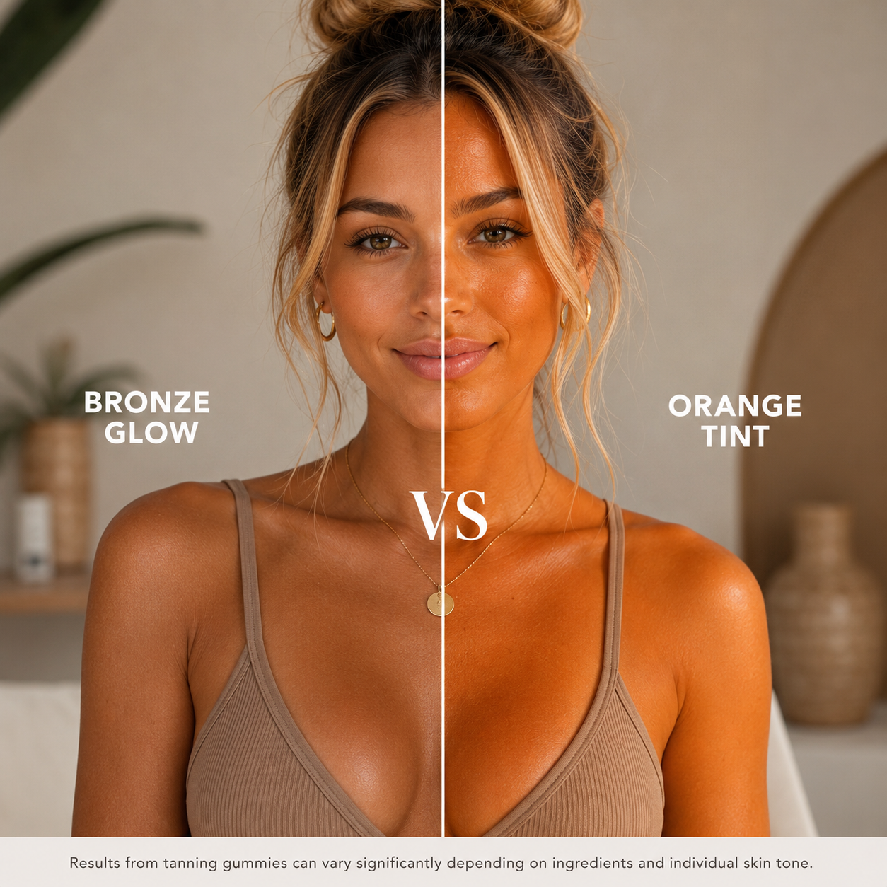 Woman comparing a natural bronze glow with an orange undertone result often associated with some tanning gummy formulations.