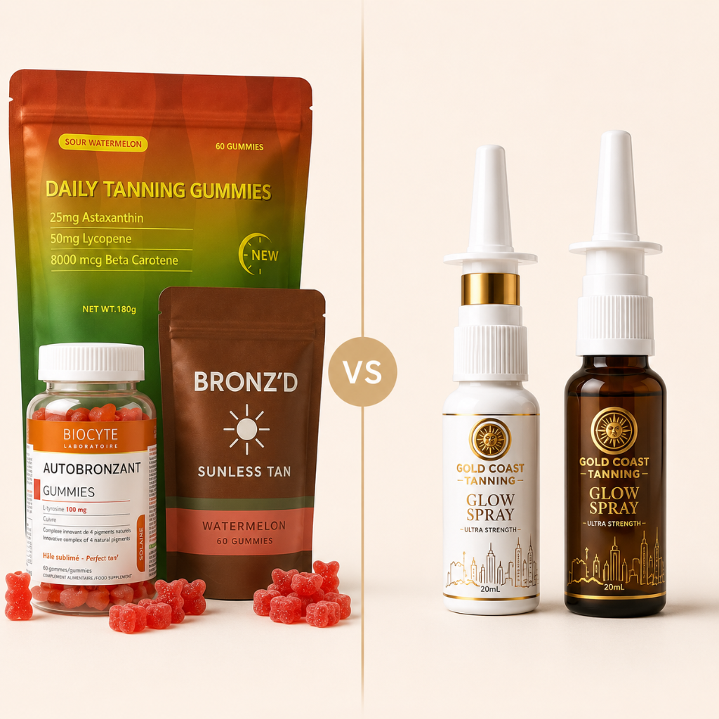 Comparison of tanning gummies and Gold Coast Tanning Glow Spray nasal sprays, highlighting different sunless tanning supplement methods available in Australia.
