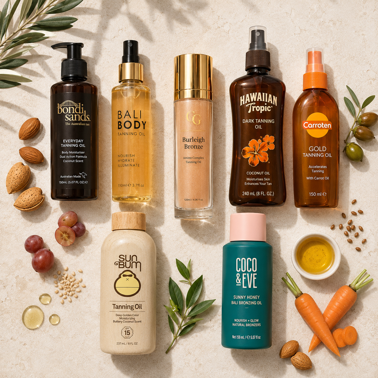 Selection of tanning oils available to Australian shoppers, including skincare-led, SPF and traditional tanning oil categories.