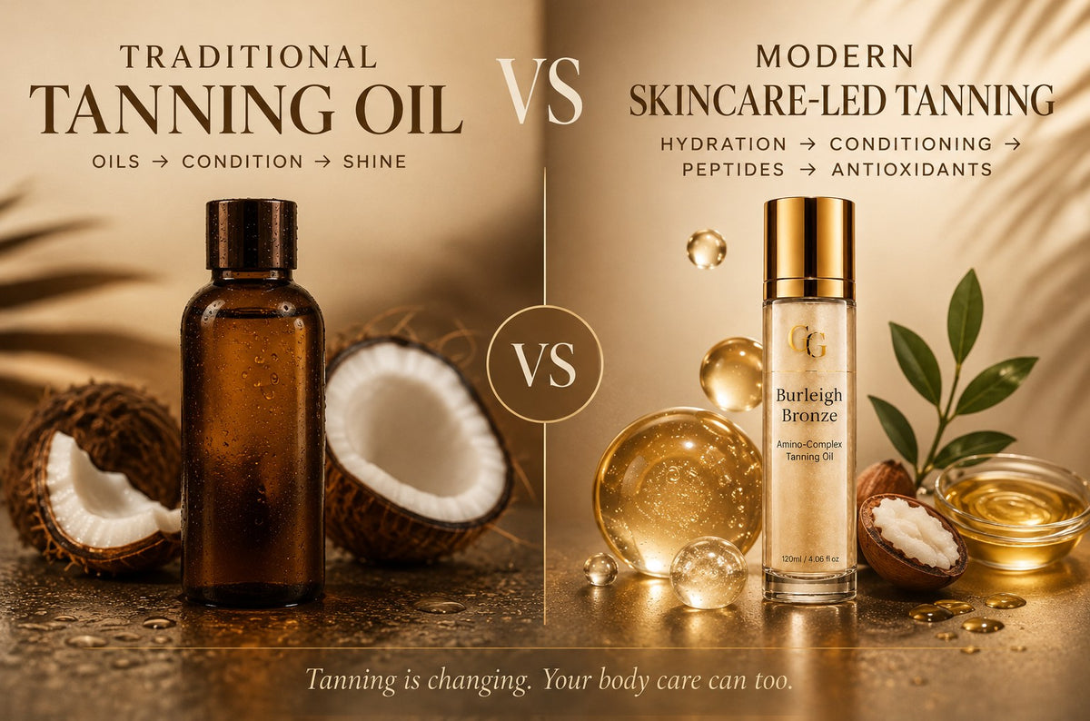 Traditional tanning oil vs modern tanning oil: newer skincare-led formulas can combine hydration, conditioning ingredients, peptides and antioxidants alongside the traditional tanning-oil experience.