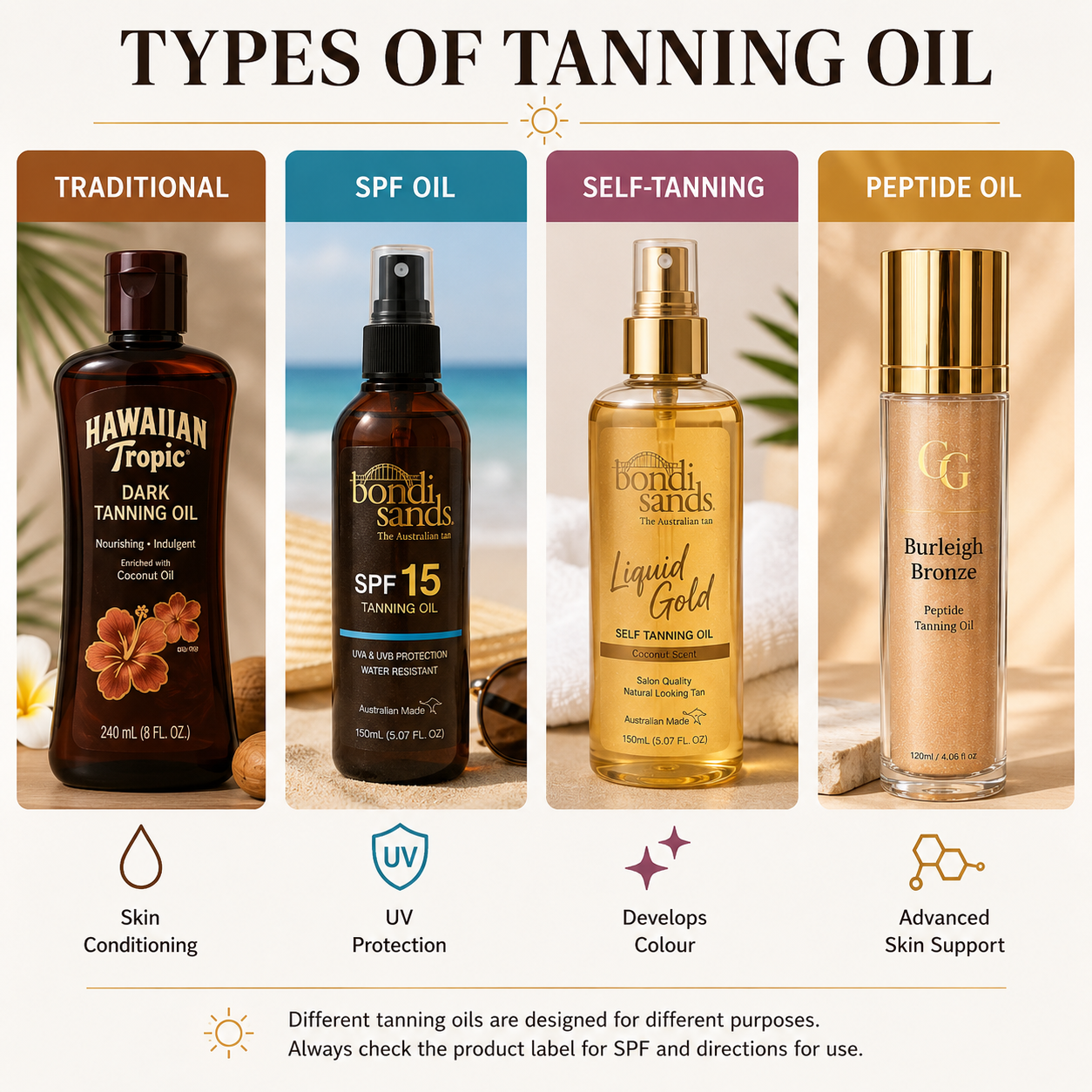 Comparison of traditional tanning oil, SPF tanning oil, self-tanning oil and bronzing oil.