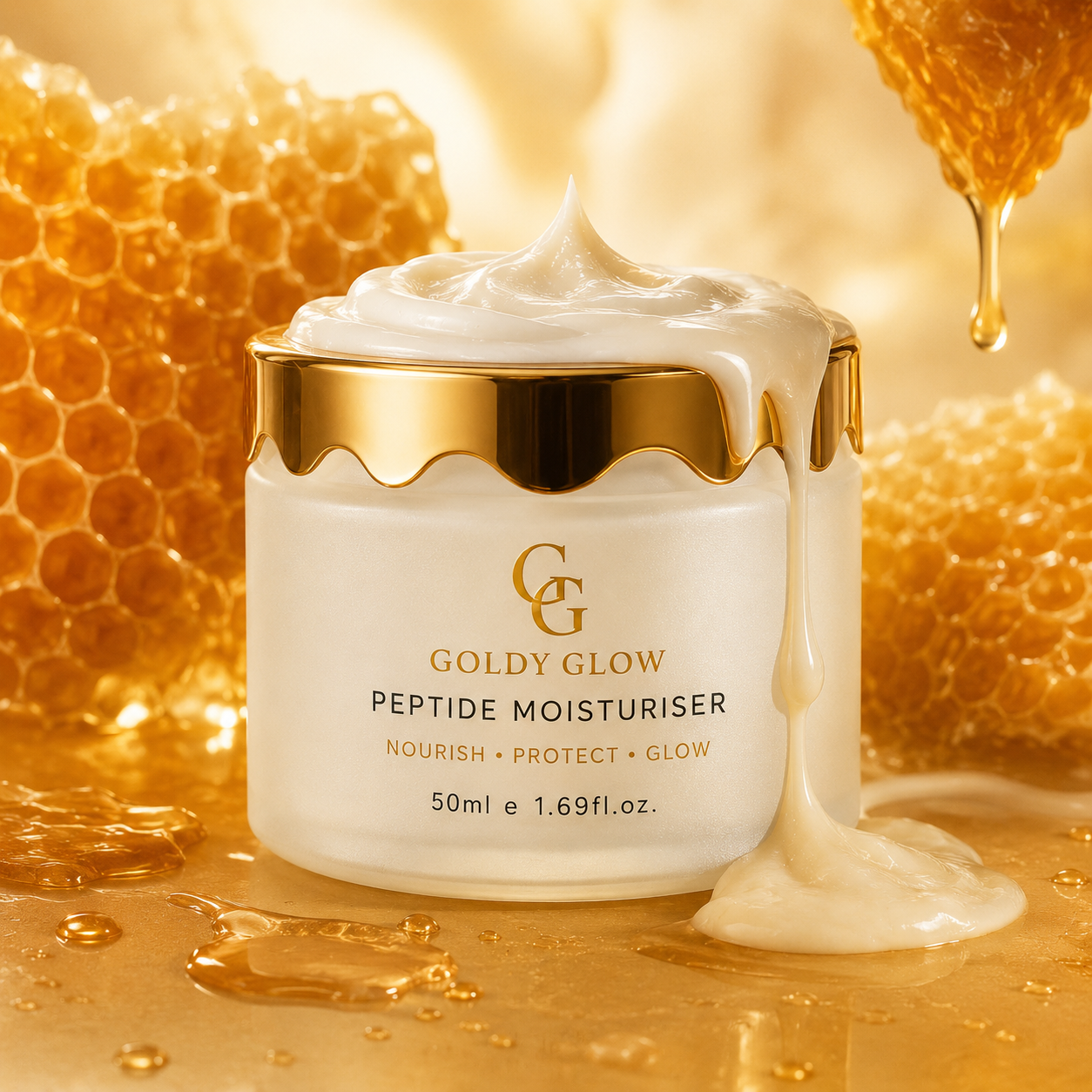 Goldy Glow peptide moisturiser with premium skincare ingredients used in modern peptide skincare routines.